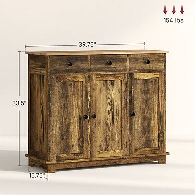 Kitchen Sideboard with 3 Drawers - Storage Cabinet with Wood Countertop, Doors and Adjustable Shelf