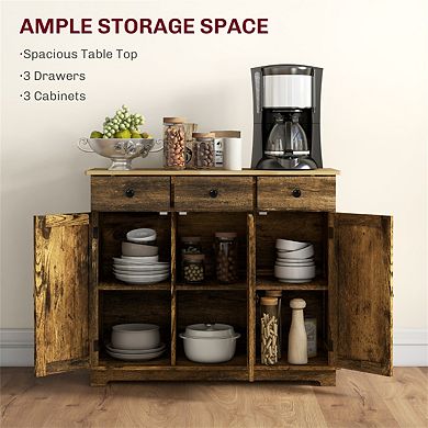 Kitchen Sideboard with 3 Drawers - Storage Cabinet with Wood Countertop, Doors and Adjustable Shelf