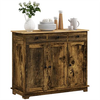 Kitchen Sideboard with 3 Drawers - Storage Cabinet with Wood Countertop, Doors and Adjustable Shelf