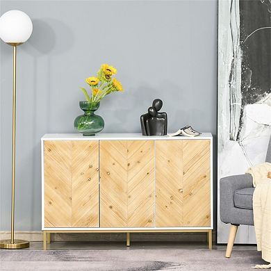 32.30"H 3 Door Sideboard Buffet Cabinet,Chevron Pattern,Adjustable Shelf and Metal Legs for Kitchen