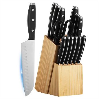 Kitchen Knife Set with Block and Sharpener - 15 pc High Carbon Stainless Steel, Wooden Block