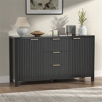 Sideboard Storage Cabinet - Fluted Credenza Buffet with Two Doors and Three Drawers for Kitchen