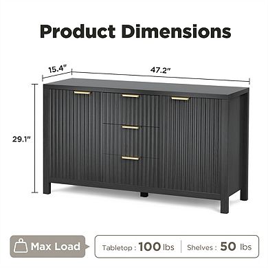 Sideboard Storage Cabinet - Fluted Credenza Buffet with Two Doors and Three Drawers for Kitchen