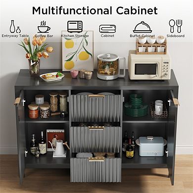 Sideboard Storage Cabinet - Fluted Credenza Buffet with Two Doors and Three Drawers for Kitchen