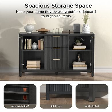 Sideboard Storage Cabinet - Fluted Credenza Buffet with Two Doors and Three Drawers for Kitchen