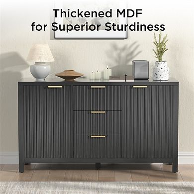 Sideboard Storage Cabinet - Fluted Credenza Buffet with Two Doors and Three Drawers for Kitchen