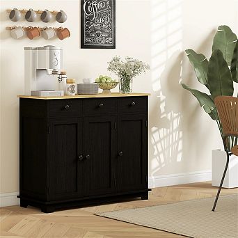 Modern Sideboard with Wood Countertop - Storage Cabinet with 3 Drawers, Doors and Adjustable Shelf