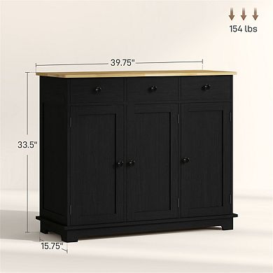 Modern Sideboard with Wood Countertop - Storage Cabinet with 3 Drawers, Doors and Adjustable Shelf
