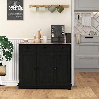 Modern Sideboard with Wood Countertop - Storage Cabinet with 3 Drawers, Doors and Adjustable Shelf