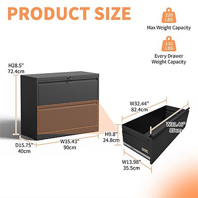 Lateral File Cabinet 2 Drawer for A4 Size, Filing Cabinet with Lock, Lockable File Cabinet for Home