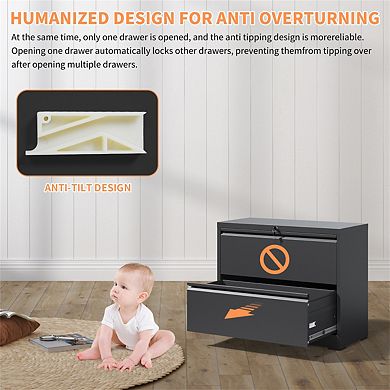 Lateral File Cabinet 2 Drawer for A4 Size, Filing Cabinet with Lock, Lockable File Cabinet for Home