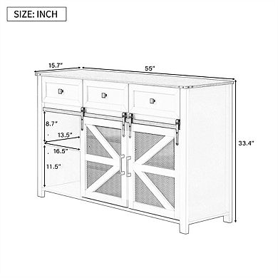 Sliding Barn Door Sideboard Buffet Cabinet, 55'' with 3 Drawers,Adjustable Shelves,Metal Mesh