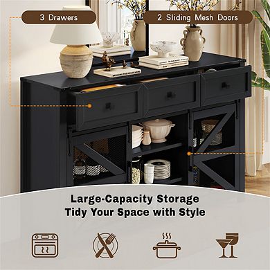 Sliding Barn Door Sideboard Buffet Cabinet, 55'' with 3 Drawers,Adjustable Shelves,Metal Mesh