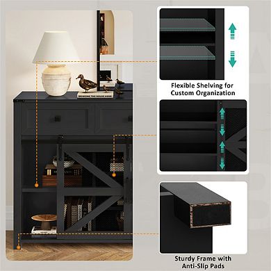 Sliding Barn Door Sideboard Buffet Cabinet, 55'' with 3 Drawers,Adjustable Shelves,Metal Mesh