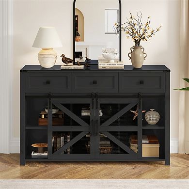 Sliding Barn Door Sideboard Buffet Cabinet, 55'' with 3 Drawers,Adjustable Shelves,Metal Mesh