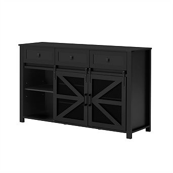 Sliding Barn Door Sideboard Buffet Cabinet, 55'' with 3 Drawers,Adjustable Shelves,Metal Mesh
