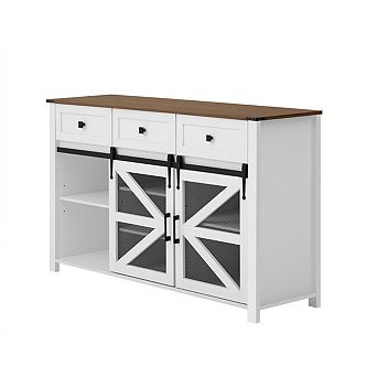 Sliding Barn Door Sideboard Buffet Cabinet, 55'' with 3 Drawers,Adjustable Shelves,Metal Mesh