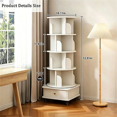 5 Tier Rotating Bookshelf -360° Display Round Spinning Bookshelf with Wheels,Storage Tower for Home