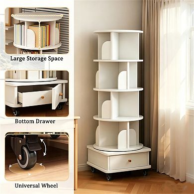 5 Tier Rotating Bookshelf -360° Display Round Spinning Bookshelf with Wheels,Storage Tower for Home