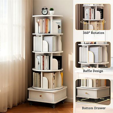 5 Tier Rotating Bookshelf -360° Display Round Spinning Bookshelf with Wheels,Storage Tower for Home