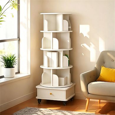5 Tier Rotating Bookshelf -360° Display Round Spinning Bookshelf with Wheels,Storage Tower for Home