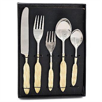 5 pc Cutlery Set - Feather-Shaped Handles,Teaspoon Soup Spoon Salad Fork Dinner Fork Knife, 9.5"L