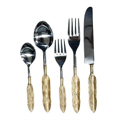 5-Piece Cutlery Set - Feather-Shaped Handles,Teaspoon Soup Spoon Salad Fork Dinner Fork Knife, 9.5"L