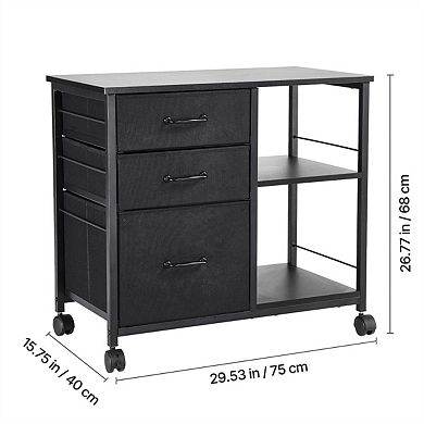 Mobile Metal File Cabinet,3 Fabric Drawers,2 Open Shelves,Locking Casters,Metal Frame,Office Storage