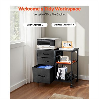 Mobile Metal File Cabinet,3 Fabric Drawers,2 Open Shelves,Locking Casters,Metal Frame,Office Storage