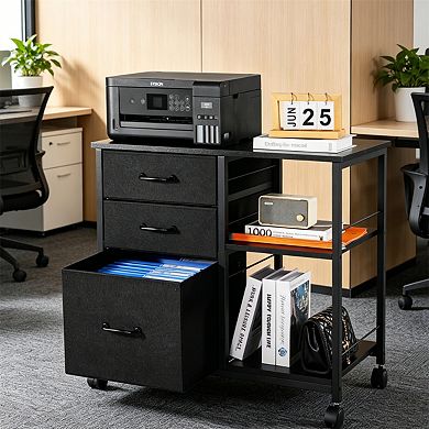 Mobile Metal File Cabinet,3 Fabric Drawers,2 Open Shelves,Locking Casters,Metal Frame,Office Storage