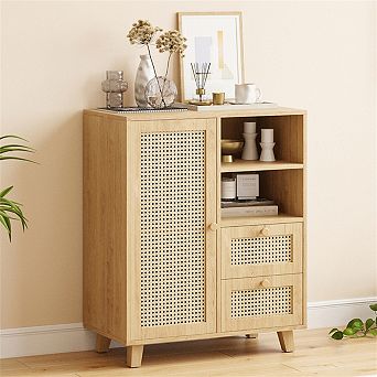 Rattan Buffet Sideboard with Adjustable Shelf -Cabinet with Drawers for Living Room,Kitchen,Entryway