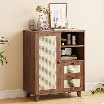 Rattan Buffet Sideboard with Adjustable Shelf -Cabinet with Drawers for Living Room,Kitchen,Entryway