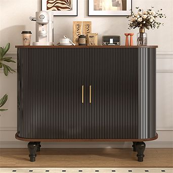 39" Fluted Sideboard, 6 Wine Racks,3 Glass Holders,Storage Drawer, 4 Hidden Compartments,Bar Cabinet