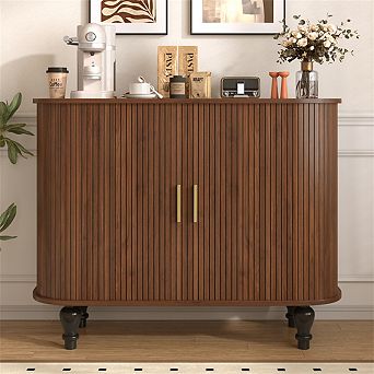 39" Fluted Sideboard, 6 Wine Racks,3 Glass Holders,Storage Drawer, 4 Hidden Compartments,Bar Cabinet
