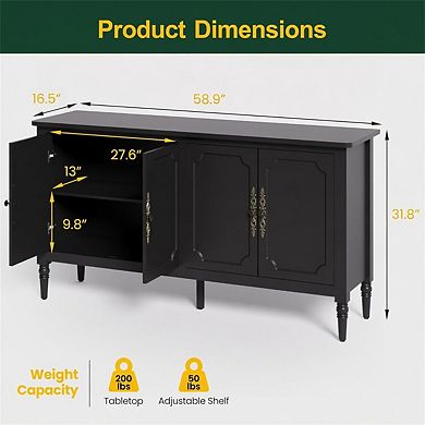 58.9" Stain Buffet Cabinet - Vintage Sideboard with/ Adjustable Shelves for Kitchen & Dining room