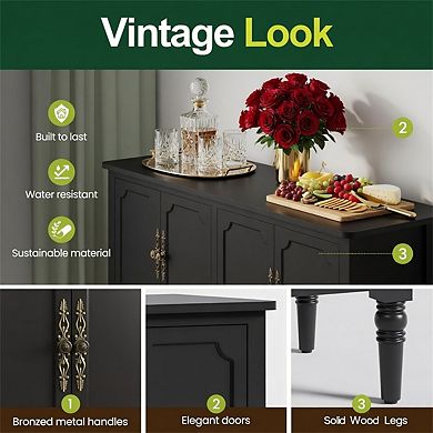 58.9" Stain Buffet Cabinet - Vintage Sideboard with/ Adjustable Shelves for Kitchen & Dining room