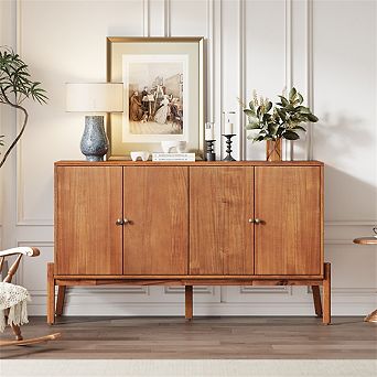 34.2" H Sideboard Buffet Cabinet, 4-Door Storage Cabinet with Metal Handles, MDF & Acacia Veneer