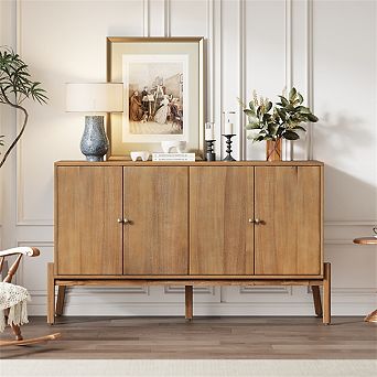 34.2" H Sideboard Buffet Cabinet, 4-Door Storage Cabinet with Metal Handles, MDF & Acacia Veneer