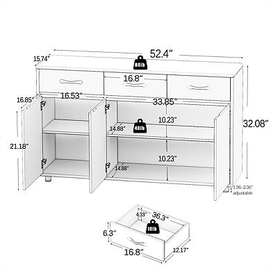 Three Doors Sideboard - 3 Drawers & 3 Doors Storage Cabinet, Large Shelving Space, Steel Tube Legs