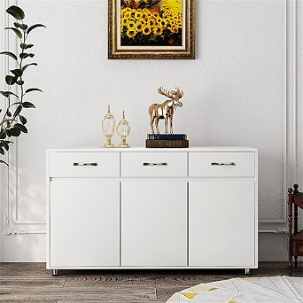 Three Doors Sideboard - 3 Drawers & 3 Doors Storage Cabinet, Large Shelving Space, Steel Tube Legs