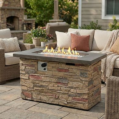 Eazegath 42" 50000 BTU Outdoor Concrete Rectangular Propane Fire Pit Table with Rain Cover