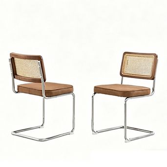 Eazegath Set of 2 Mid-Century Modern Upholstered Rattan Dining Chairs with Stainless Chrome Base