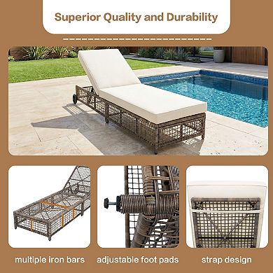 Eazegath 2-Piece Outdoor Wicker 5-Position Adjustable Chaise Lounge Chairs with Cushions and Wheels
