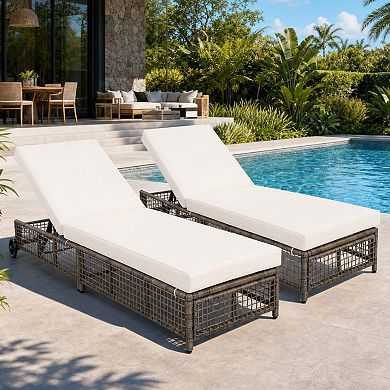 Eazegath 2-Piece Outdoor Wicker 5-Position Adjustable Chaise Lounge Chairs with Cushions and Wheels