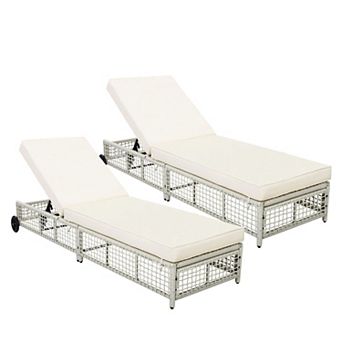 Eazegath 2 pc Outdoor Wicker 5-Position Adjustable Chaise Lounge Chairs with Cushions and Wheels