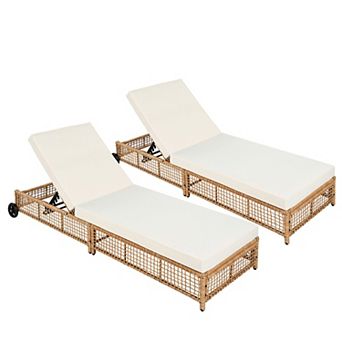 Eazegath 2 pc Outdoor Wicker 5-Position Adjustable Chaise Lounge Chairs with Cushions and Wheels