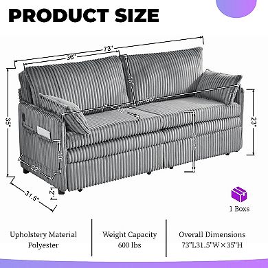 3-In-1 Convertible Sofa Bed With Usb & Side Pockets, Pull-Out Couch