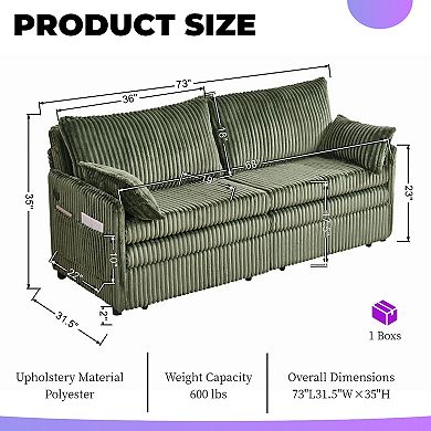 3-In-1 Convertible Sofa Bed With Usb & Side Pockets, Pull-Out Couch