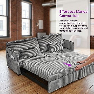 3-In-1 Convertible Sofa Bed With Usb & Side Pockets, Pull-Out Couch