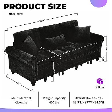 3-In-1 Convertible Sofa Bed With Nailhead Trim & Rolled Arms